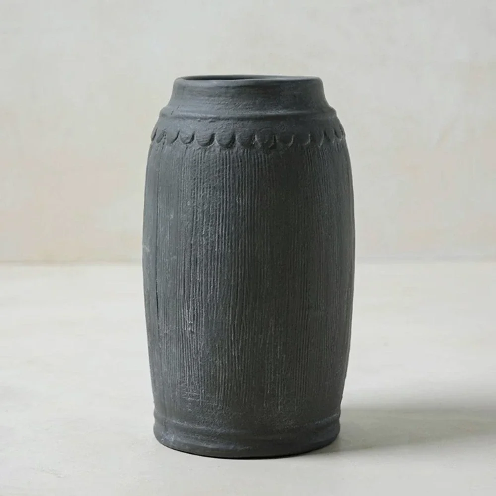 Magnolia Scalloped Black Vase -‎ Small - Distressed Finish, Ceramic